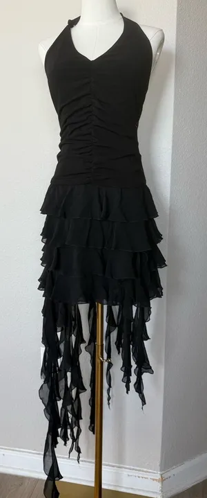 Betsy & Adam Y2K Whimsigoth Black Halter Ruffle Cascade Mini Dress Sz 12 thumbnail 1