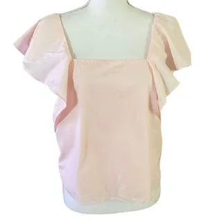Zara TRF Size M Light Pink Ruffle Cotton Poplin Top Shirt Lined thumbnail 1