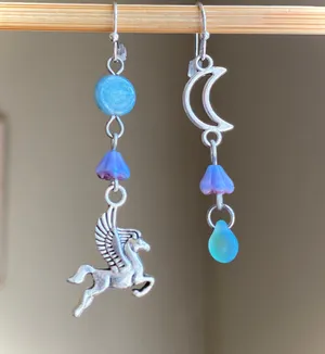 Handmade Czech glass beads whimsical fairy Pegasus & moon dangle earrings 🌙🦄 thumbnail 4