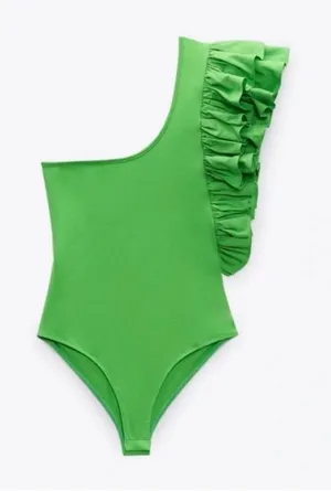 Zara Bright Green One-Shoulder Ruffle Bodysuit thumbnail 1