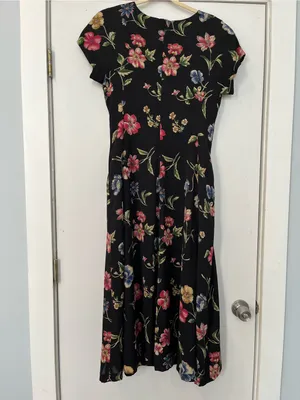Vintage Rena Rowan Black Floral Midi Dress Pink, Blue Yellow size 6 short sleeve thumbnail 6
