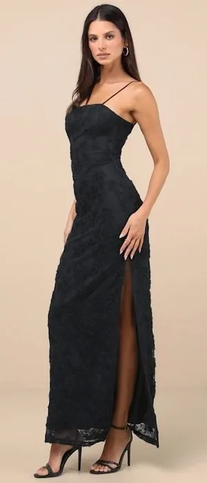 Lulus Joni Maxi Dress Women's Size Medium Black 3D Floral Applique Lace Slit NWT thumbnail 1
