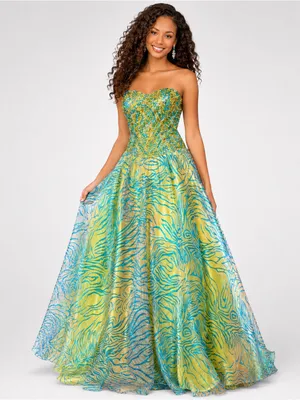 NWT Studio 17 House of Wu Lime Turquoise Gold Strapless Gown 8 thumbnail 1