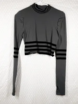 Free People Movement Grey Black Striped Crop Triumph‎ Mock Neck Top thumbnail 2