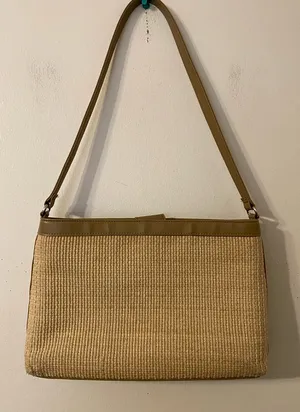 VTG Fossil Woven Straw and Leather Shoulder Bag 75082 Beige Tan Pink Plaid Lined thumbnail 1