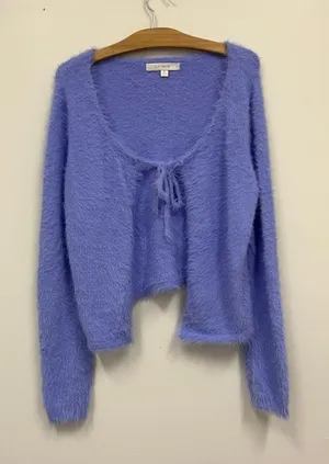 Flat White Cozy Tie-Front Fuzzy Cardigan in Lilac size S thumbnail 1