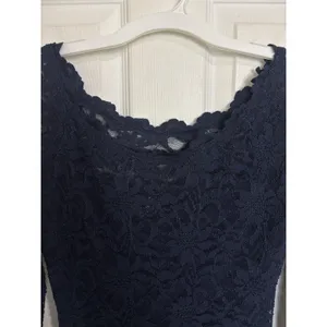 Navy Blue Floral Lace Body Con Long Sleeve Dress Y2K Club M Off Shoulder USA thumbnail 6