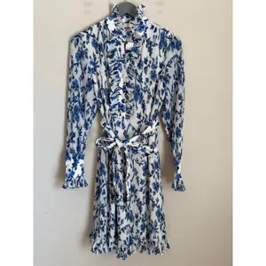 Tory Burch Shirt Dress Belted Sz 0 Blue White Floral Pleated Ruffle High Neck thumbnail 2