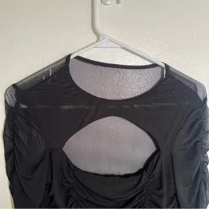 Women's Ruched Cut Out Top Blouse Long Sleeve Black Cropped Sheer Mesh thumbnail 2