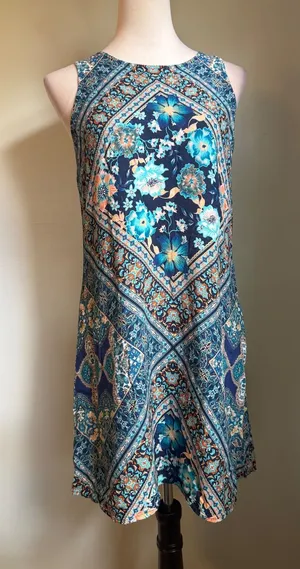 Maurice's Blue Floral fairy whimsi Boho Rayon Sleeveless mini Dress Small resort beach y2k thumbnail 1