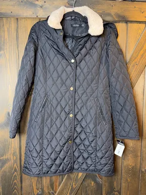 Lauren Ralph Lauren Black Quilted Coat with‎ Cream Faux-Sherpa Collar thumbnail 1