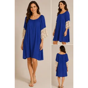 Umgee‎ Navy Shift Dress Womens XL Blue Ivory Boho Crochet Lace Sleeves thumbnail 2