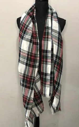 Long Scarf w/ Frayed Ends Plaid Pattern Multicolor One thumbnail 2
