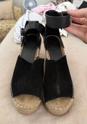 Marc Fisher Black Espadrille Wedge Sandals with Ankle Cuff thumbnail 1