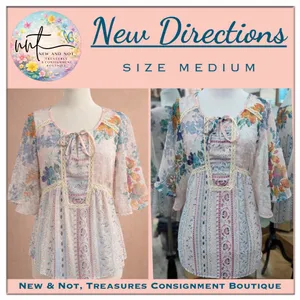 New Direction Boho Floral Sheer Blouse Medium Swiss Dot Lace Peasant Top thumbnail 2