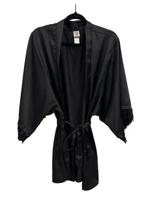 In Bloom by Jonquil Black Satin Tie Front Lace Trim Robe Size Women's Medium thumbnail 1