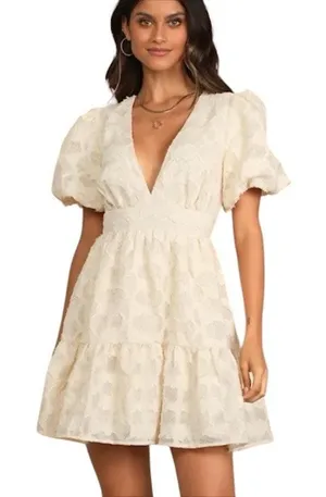 NWT Lulus So Sweet To Me Cream Floral Puff Sleeve Mini Dress Size XL thumbnail 1