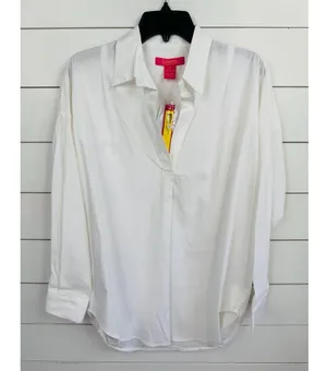 CATHERINE MALANDRINO Womens Size L Classic White Collared V Neck Long Sleeve Top thumbnail 2