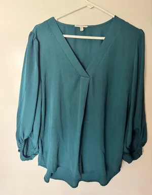 Teal V-Neck Long Sleeve Women's Blouse Sz M thumbnail 1