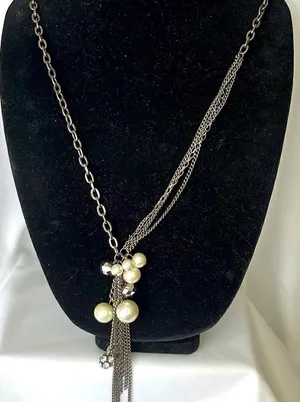 EXPRESS Multi-Textured Paperclip Chain Necklace with Faux Pearls and Disco Balls thumbnail 1
