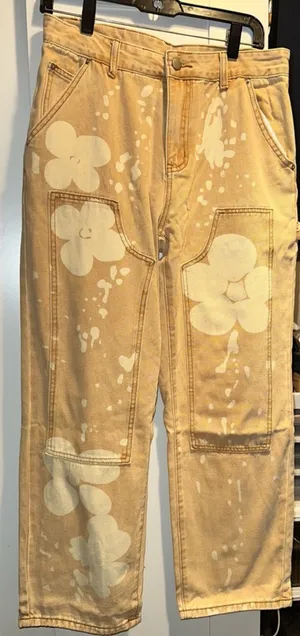New Boutique Western Boho Button Fly Floral Jeans In Tan Combo Material: Cotton Size: 28 approx 15 inch flat and 28 inch Inseam thumbnail 5