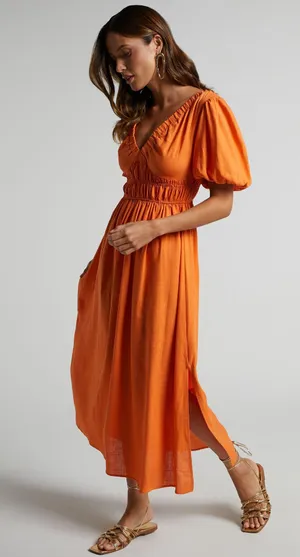 Showpo Puff Sleeve Plunge Neck Dress In Orange thumbnail 2