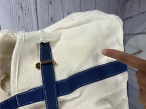 Designer Inspired Ivory & Navy Canvas Satchel Tote Bag Gold Hardware thumbnail 7