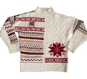 American‎ Eagle Patchwork Fair Isle Snowflake Mock Neck Sweater Medium Cream Red thumbnail 1
