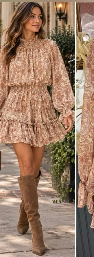 FATE Paisley Smocked Ruffle Neck Balloon Sleeve Flounce Mini Dress Sz S🧡🍄 thumbnail 1