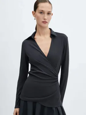 Mango Belinda Wrap Top Blouse V Neck Collared Charcoal Gray Ribbed NWT thumbnail 2