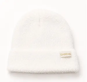 Bebe White Fuzzy Boucle Knit Beanie Logo Winter Hat Y2K One Size thumbnail 1