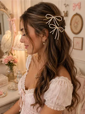 NWT Free People Cream Beaded Bow Gold Hair Clips Set Boho Coquette thumbnail 1