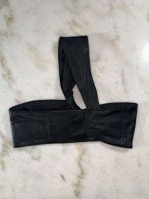 ZARA Black Leather One Shoulder Knot Crop Top Lambskin Stretch Band Small EUC thumbnail 5