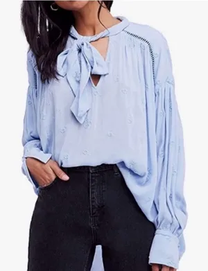 Free People Blue Embroidered Wishful Moments Tie Neck Top Size Medium Boho thumbnail 1