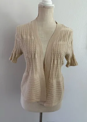 Open-Front Short-Sleeve Cardigan in Beige thumbnail 1