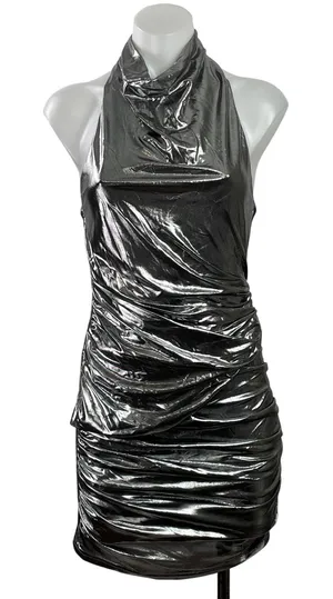 Superdown Nyla Women's Gray Sleeveless Metallic Ruched Bodycon Mini Dress Sz S thumbnail 1