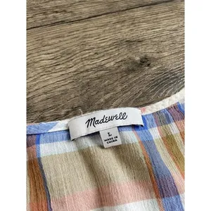 EUC Womens Madewell V‎ Neck Shoulder Ruffle Top In Plaid Short Sleeve Size L thumbnail 5