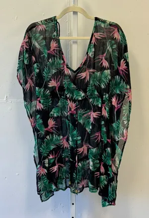 Miken Swim Tropical Bird of Paradise Floral Sheer Beach Cover Up Black Medium thumbnail 1