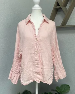 Zara Pink Button Down Shirt Collared Long Sleeve Front Slit Hem 100% Linen thumbnail 1