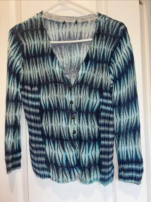 Source Unknown BLUE AND GREEN OPEN KNIT BUTTON DOWN SWEATER LINEN AND VISCOSE LIGHT WEIGHT thumbnail 1