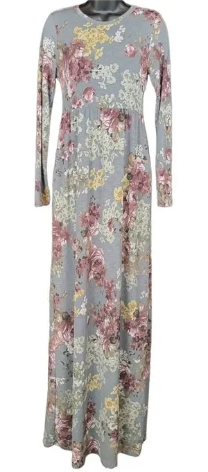 Bellamie Gray Floral Print Long Sleeve Maxi‎ Dress Women's S thumbnail 1