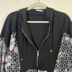 Entro Floral Embroidered Crochet Zip Up‎ Hoodie Hooded Sweatshirt 100% Cotton thumbnail 3
