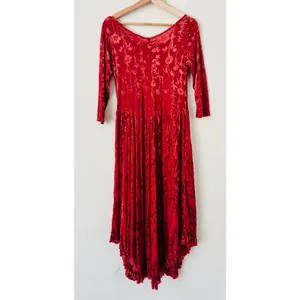 Rod's Western Dusty Red Fields Velvet‎ Lace Tiered Women’s Dress Medium Cowgirl thumbnail 5