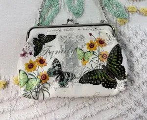 Vintage Style Butterfly‎ Floral Kiss Lock Frame Bag Cream Crossbody Chain Strap thumbnail 1