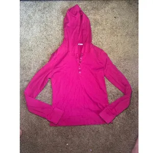 Moda International Womens Medium Magenta Pink Henley Hoodie‎ Long Sleeve Top thumbnail 2