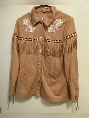 Tan Fringe Jacket with Floral Embroidery Size M thumbnail 1