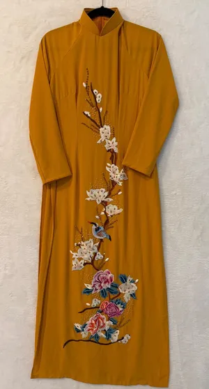 Vietnamese Ao Dai Tunic Mustard Yellow Floral Embroidered Beaded Gown Dress S/M thumbnail 1