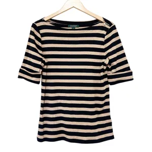 Lauren Ralph Lauren Black Gold Striped Shirt Sz L thumbnail 1