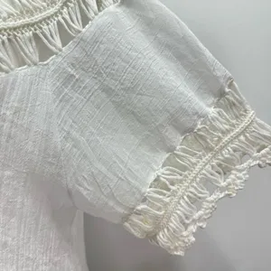 Boho Hippie White Gauzy Cotton & Crochet Lace with Fringe Top Size Medium thumbnail 8