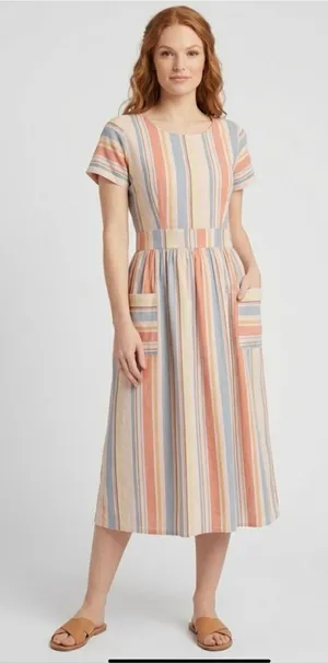 a.n.a Striped Linen Blend Midi Dress Open Back Pockets Women’s Size M thumbnail 1